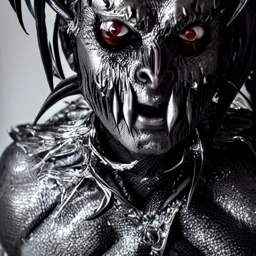 Prompt: a demon inspired by silver created by the make up artist hungry, photographed by andrew thomas huang, cinematic, expensive visual effects