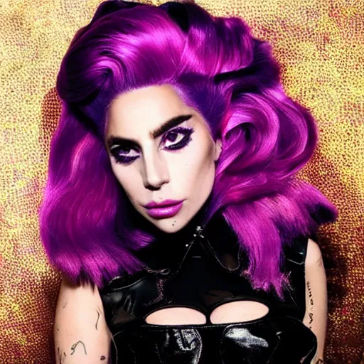 Image similar to lady gaga with pink hair wearing a purple dress, an album cover by Hedi Xandt, featured on tumblr, afrofuturism, made of rubber, made of plastic, elite