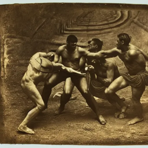 Image similar to brutal spartan men fistfighting in pit, sparta, daguerreotype photograph, ancient photograph