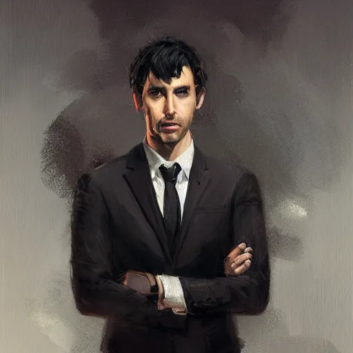 Image similar to portrait of a man by greg rutkowski, he is! about 3 0 years old, short black hair with bangs, his features are a mix between french, turkish and russian and he is wearing futuristic office suit, highly detailed portrait, digital painting, artstation, concept art, smooth, sharp foccus ilustration, artstation hq