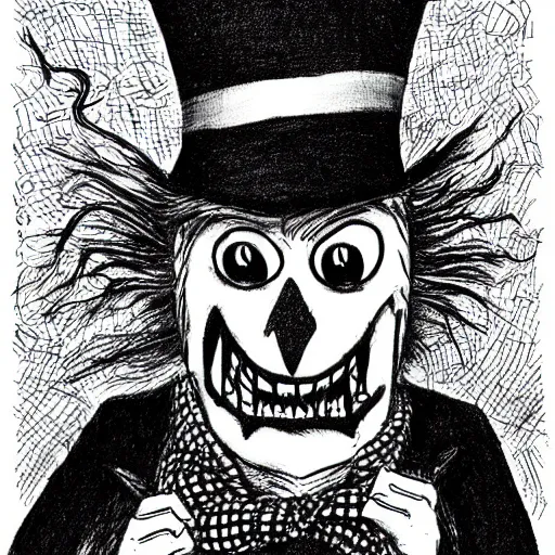 Image similar to a Pop Wonder scary horror themed goofy-hilarious-character Babadook-scarecrow-madhatter-williewonka-wearing a scarf, 3-piece-suit, dime-store-comic drawn with charcoal and pen and ink, half-tone-line-stacking