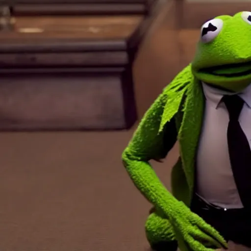 Image similar to Kermit the frog as John wick in John wick 4k hd movie still realistic render symmetric gritty trailer