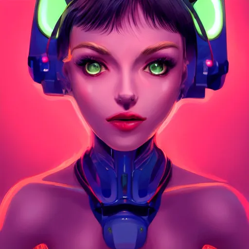 Prompt: portrait of a cute young woman with robot ears and eyes, 4k, sharp focus, neon colored fluorescent lighting, Andreas Rocha, perfect faces, fine details