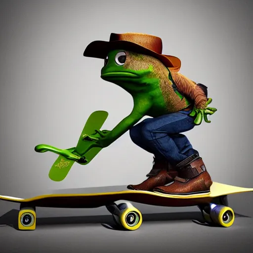 Image similar to a frog wearing a cowboy hat and riding a skateboard, award winning, trending on artstation, unreal engine