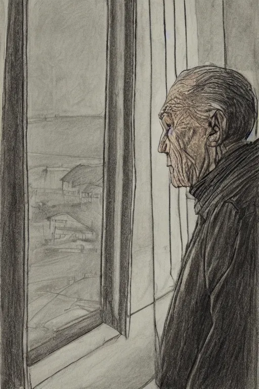 Image similar to an older man looking out the window by raymond briggs, very coherent and colorful high contrast, pencil drawing, sad lighting, somber mood