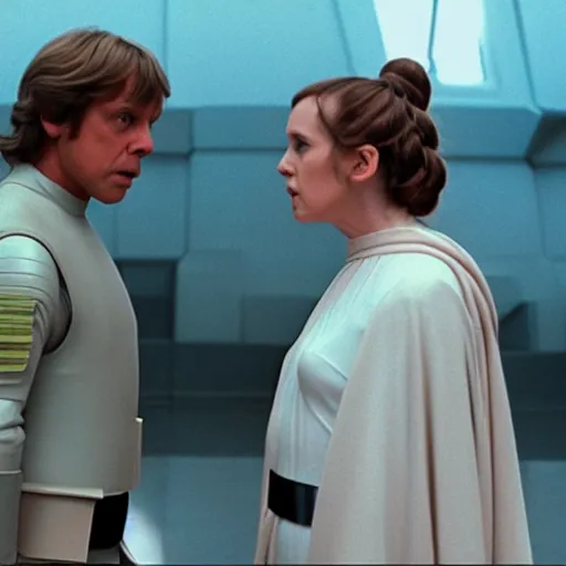 Prompt: Luke Skywalker teaches Leia in outfit at Jedi Temple scene from the last jedi, 2022, film by Stanley Kubrick, serene, iconic scene, stunning cinematography, hyper detailed, sharp, anamorphic lenses, kodak color film