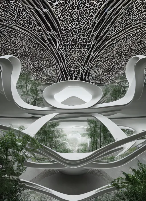 Image similar to a photo of a futuristic biomimicry oasis interior + the interior is elegant and made of a biomimicry nature with ornate patterns + photo taken on a misty morning + architectural photography, 8K, photorealistic