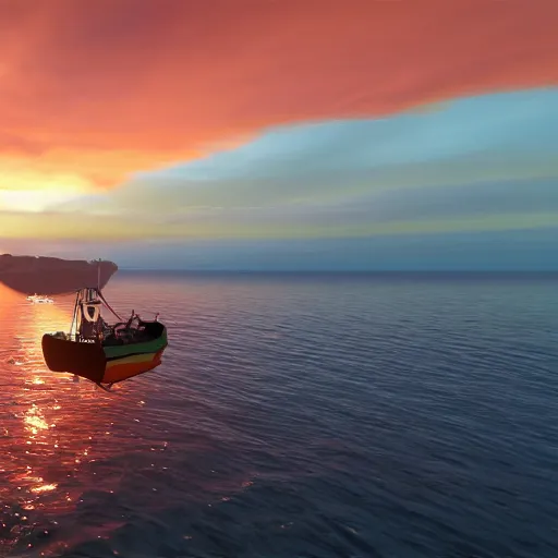 Image similar to very realistic fishing boat on the sea, unreal engine, very detailed, sunset, drone shot, 8k