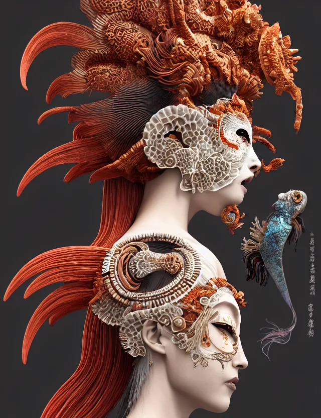 Image similar to 3 d goddess in robe close - up profile portrait with ram skull. beautiful intricately detailed japanese crow kitsune mask and clasical japanese kimono. betta fish, jellyfish phoenix, bio luminescent, plasma, ice, water, wind, creature, artwork by tooth wu and wlop and beeple and greg rutkowski