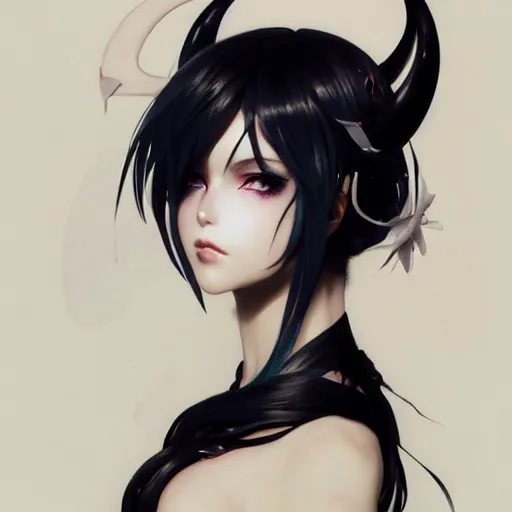 a beautiful anime girl wtih balck horns and white | Stable Diffusion ...