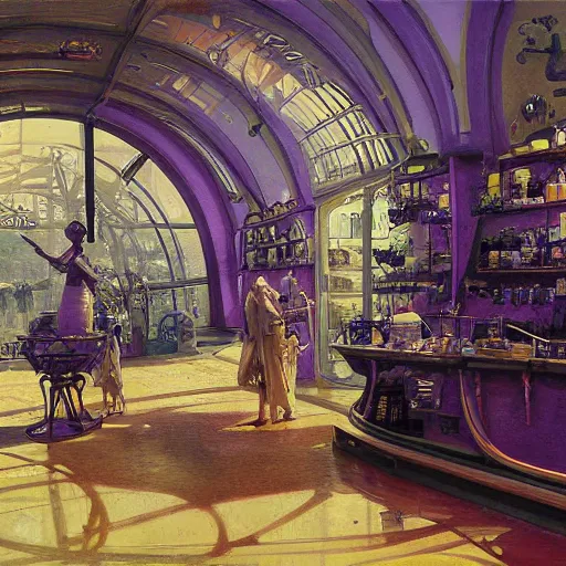 Prompt: detailed painting of syd mead artlilery scifi organic shaped shop with ornate metal work lands on a body of water, fossil ornaments, volumetric lights, purple sun, andreas achenbach