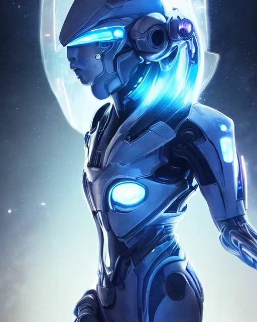 Image similar to perfect android girl on a mothership, warframe armor, beautiful face, scifi, futuristic, galaxy, nebula, raytracing, dreamy, long white hair, blue cyborg eyes, sharp focus, cinematic lighting, highly detailed, artstation, divine, by gauthier leblanc, kazuya takahashi, huifeng huang