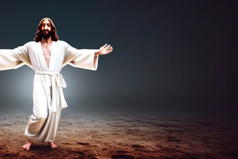 Image similar to jesus christ wearing a white robe strikes a dance pose in the apocalypse, intricate, hyper detailed, accent lighting, dramatic light, 4 k octane render