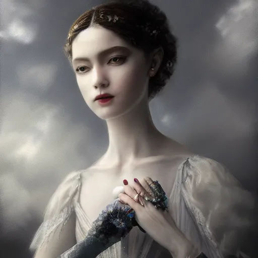 Image similar to picture generation, soft painting curiosities carnival, beautiful prima ballerina in full long dress, accurate features, focus, very intricate ultrafine details, black white purple volumetric clouds, award winning masterpiece, octane render 8 k hd, tom bagshaw artstyle