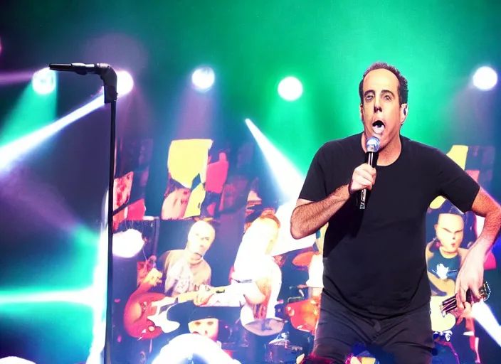 Image similar to publicity photo still of jerry seinfeld touring with blink 1 8 2 live on stage, 8 k, live concert lighting, mid shot