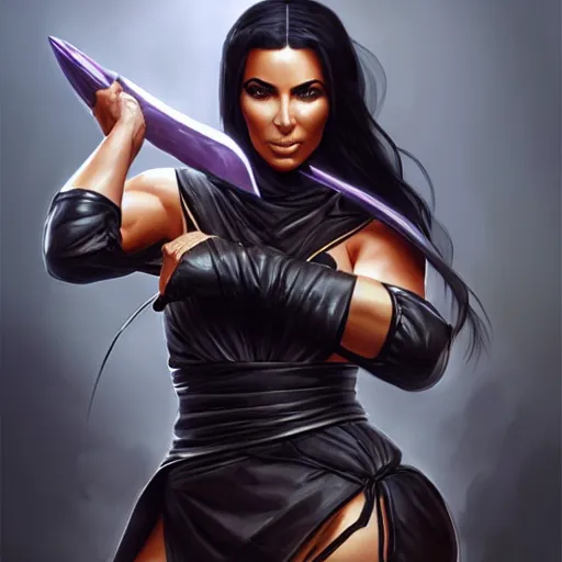 Image similar to unreleased concept art of kim kardashian as a ninja mortal kombat character, expressive pose, intricate, elegant, highly detailed, digital painting, artstation, concept art, smooth, sharp focus, illustration, art by artgerm and greg rutkowski and alphonse mucha