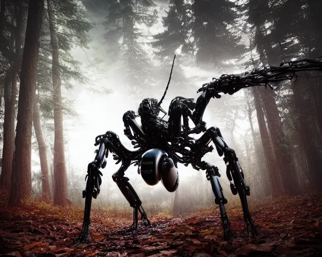 Image similar to photo of a giant huge white terminator spider with heavy duty biomechanical hydraulic cybernetic body with antennas and visor cogs and gears and components in the forest. cyberpunk horror style. highly detailed 8 k. intricate. nikon d 8 5 0 5 5 mm. award winning photography.