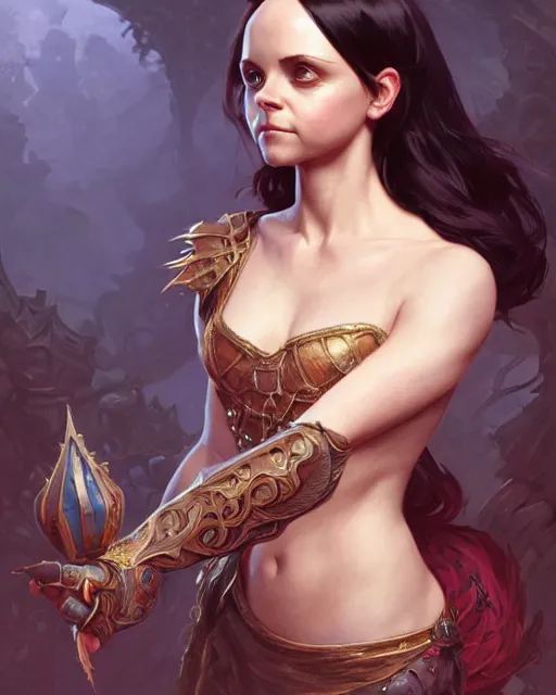 Image similar to Christina Ricci, D&D, fantasy, intricate, elegant, highly detailed, digital painting, artstation, concept art, matte, sharp focus, illustration, hearthstone, art by Artgerm and Greg Rutkowski and Alphonse Mucha