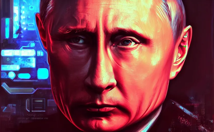 Image similar to closeup painting of putin, cyberpunk, portrait, hyperdetailed, artstation, cgsociety, 8 k, synthwave by tangerine dream