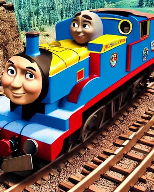 Image similar to Film still close-up shot of Dwayne Johnson as the Thomas the Tank Engine from the movie Thomas and the Magic Railroad. Photographic, photography