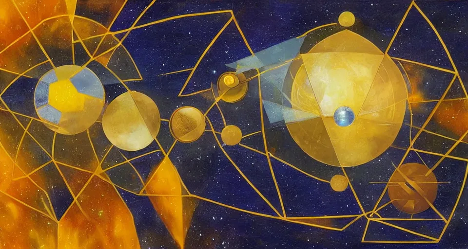 Image similar to hexagonal shield in space, blocking the sun, earth in the foreground, art deco painting