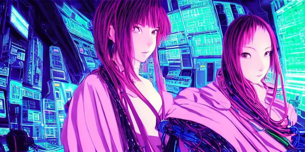 Image similar to “Wide low angle portrait of beautiful woman in silk poncho, backgrouns - big and structured control base with sci-fi futuristic monitor computers strong green glow. Blue and pink colors Mainframe full of cables on the background. Manga BLAME! by Tsutomu Nihei, 2002 year”