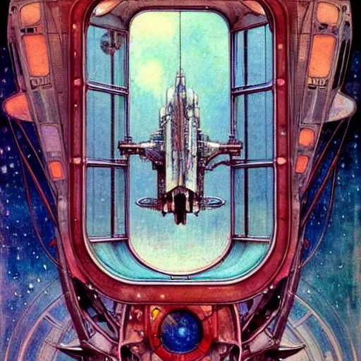 Image similar to ( ( ( ( ( 1 9 5 0 s retro future intricate machine spaceship large window. muted colors. art nouveau ) ) ) ) ) by jean baptiste monge!!!!!!!!!!!!!!!!!!!!!!!!! chrome red