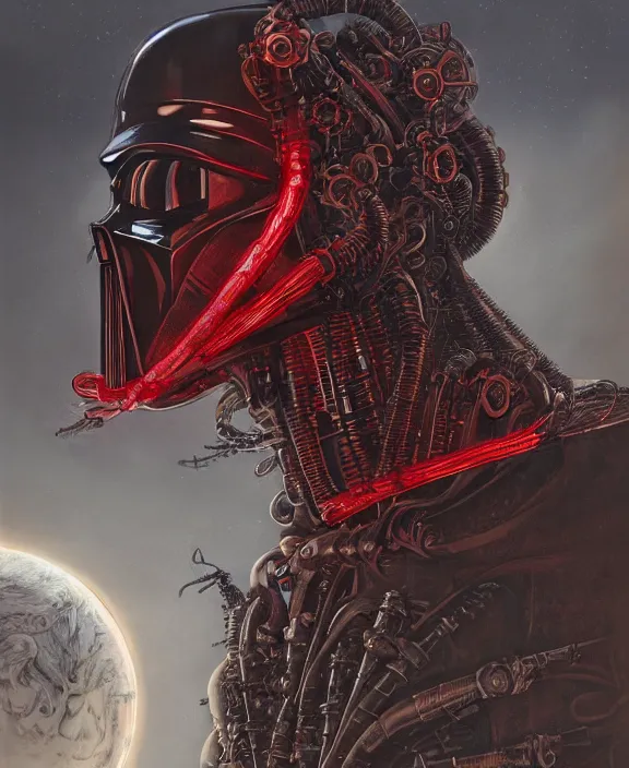 Image similar to a red steampunk darth vader with mechanical tendrils resembling spinal columns extending from his body, by HR Giger and Beksiński and Stephan Martiniere , 4k resolution, detailed, trending on artstation