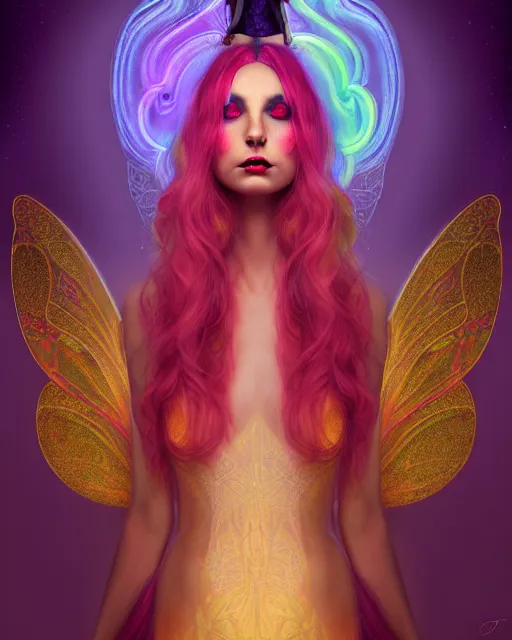 Image similar to portrait, stunningly beautiful female faerie priestess in amanita muscaria forest landscape, symmetrical wings on back, neon hair, wearing a dress of gossamer gold, inner glow, illustration, dramatic lighting, soft details, painting, art nouveau, octane render, 8 k, hd, by brom, faces by otto schmidt