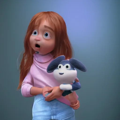 Prompt: a girl holding a stuffed animal in her arms, storybook illustration by Pixar, trending on cgsociety, magical realism, rendered in unreal engine, rendered in maya