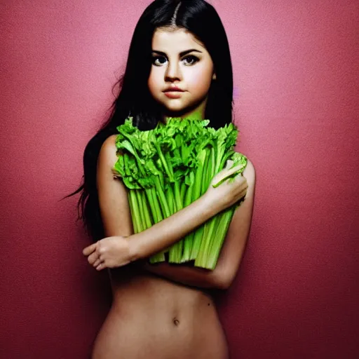 Image similar to selena gomez with celery body, celery hands, celery hair