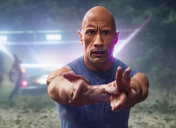 Image similar to film still of dwayne the rock johnson as eleven using psychic powers in the new stranger things movie, 4 k, highly detailed face, detailed eyes