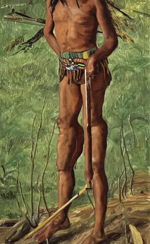 Image similar to full shot picture of indigenous people young man standing with a spear in the forest, painted by lucian freud, hd, super detailed, amazing, realistic lighting