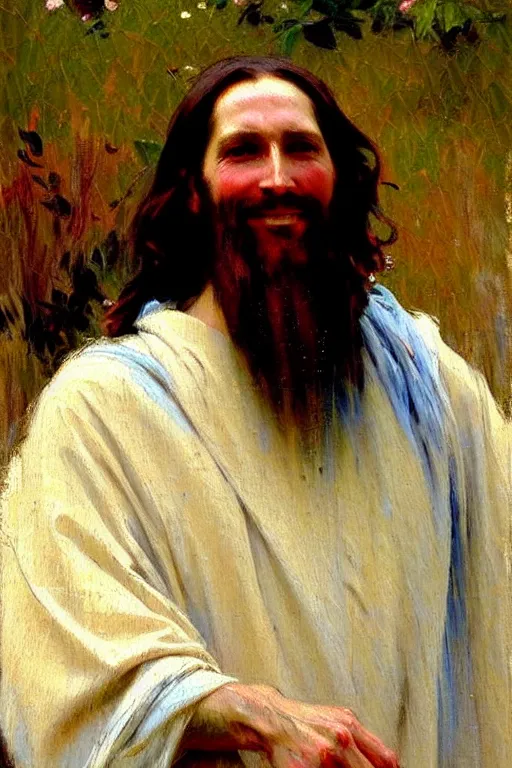 Image similar to impressionist brushstrokes!!!!!!!!! solomon joseph solomon and richard schmid and jeremy lipking victorian loose genre loose painting full length portrait painting of jesus with a slight smile happy inviting