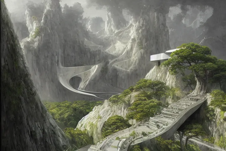 Image similar to Gleaming white Brutalist Shiro overlooking a valley, Himeji Rivendell overlooks the Garden of Eden, terraced orchards and ponds, lush fertile fecund, amazing concept painting, by Jessica Rossier by HR giger by Beksinski