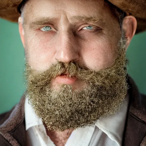 Prompt: close up of face of middle aged balding blond man with a beard and mutton chops, short wavy hair, green eyes, gilded age soldier, portrait, 4 k