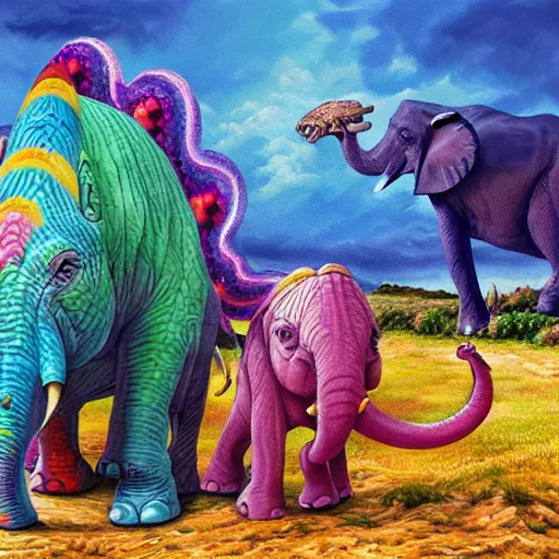 Prompt: hybrid animal cross between colorful stegasaurus and elephant on prehistoric landscape detailed oil painting 4k