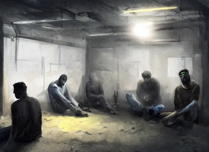 Image similar to several depressed men sit in a dark basement lit by a computer screen, artstation, dark, messy basement, monitor