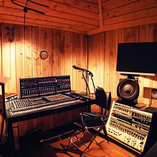 Prompt: super cool and cozy music studio at night cottagecore interior