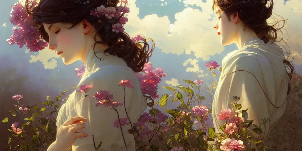 Image similar to a beautiful illustration of flowers and clouds, intricate, sharp focus, illustration, highly detailed, digital painting, concept art, matte, art by wlop and artgerm and greg rutkowski and alphonse mucha, masterpiece