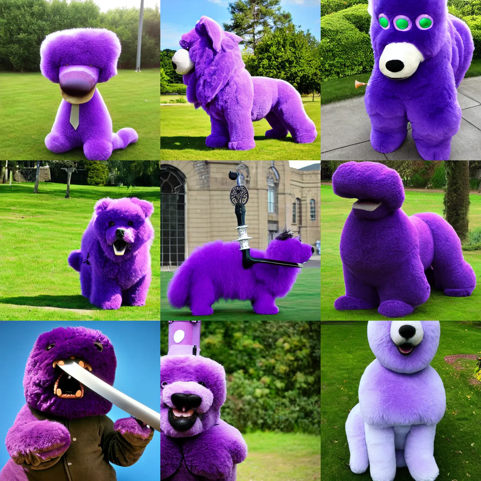 Prompt: giant fluffy purple dog holding a sword in its mouth