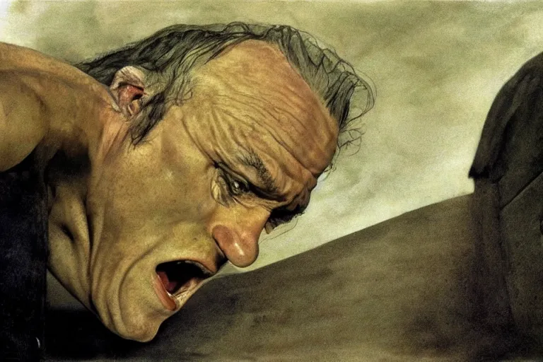 Image similar to a portrait of a madman gripping his hair and screaming as the world burns around him, extremely detailed, award-winning, fantastic imagery, painting by Andrew Wyeth,