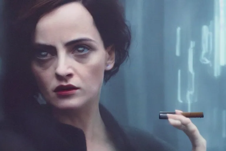Image similar to a stunning portrait of Marla Singer smoking in the style of Blade runner 2049, sharp focus, cinematic