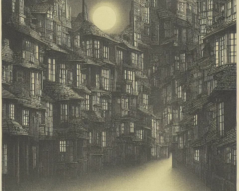 Prompt: achingly beautiful print of a street lined with townhouses bathed in moonlight by Hasui Kawase and Lyonel Feininger.