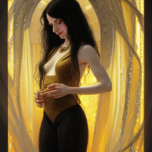 Image similar to portrait of a smiling, beautiful, pale skin eastern european female with long black hair, dark brown eyes, elegant clothing, photorealistic, highly detailed, artstation, smooth, sharp focus, gold ornaments, neon lighting, sci - fi, art by gustav klimt, artgerm, greg rutkowski and alphonse mucha