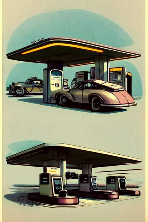 Prompt: ( ( ( ( ( 2 0 5 0 s retro future art deco gas station design. muted colors. ) ) ) ) ) by jean - baptiste monge!!!!!!!!!!!!!!!!!!!!!!!!!!!!!!