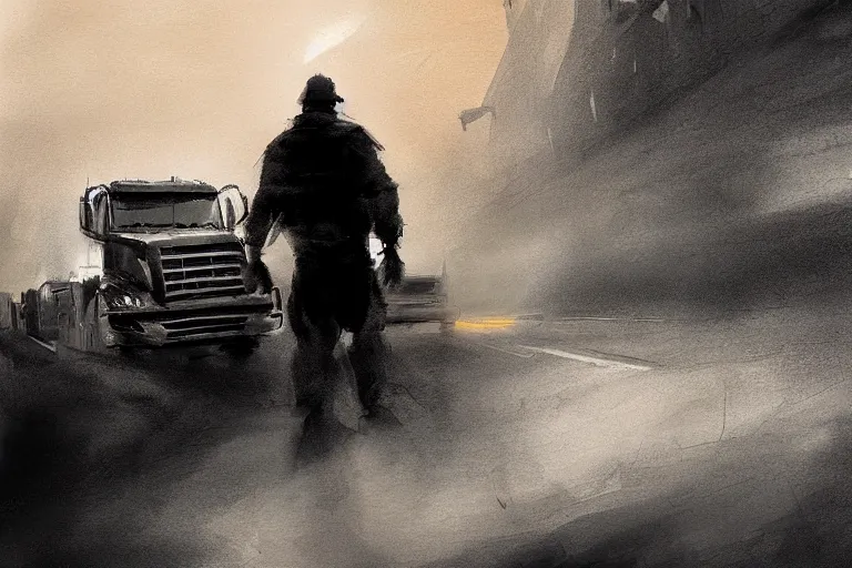 Image similar to epic concept art of an approaching truck and a man standing still. close - up man in foreground. backlight. strong contrast. by ashley wood and j. m. w. turner, speed painting, photo bash, cinematic angle, super detailing, strong perspective, traffic accident, haze over the shoulder shot