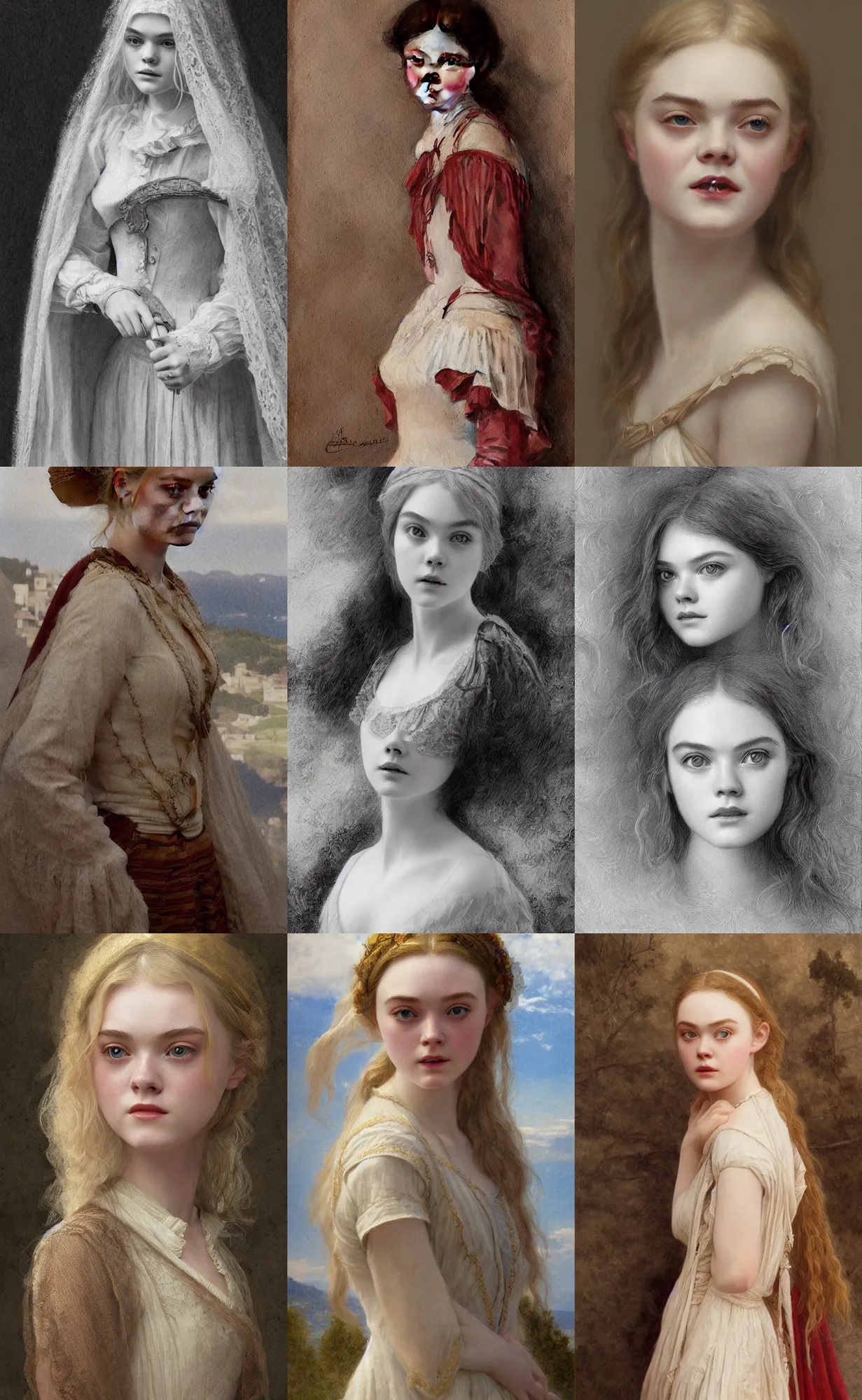 Prompt: elle fanning traditional corsican, intricate, highly detailed, artstation, illustration, jurgens, rutkowski, bouguereau