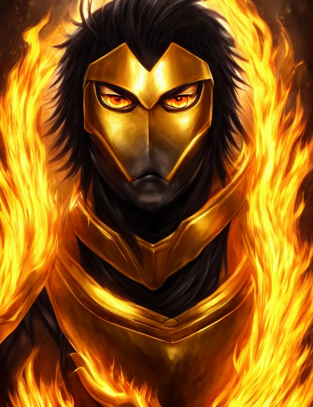 Image similar to a detailed manga portrait of a black haired man with hazel eyes in gleaming golden armour that burns with golden fire, trending on artstation, digital art, 4 k resolution, detailed, high quality, sharp focus, hq artwork, coherent, insane detail, character portrait