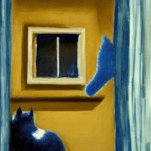 Image similar to The blue cat looking out of the window at night